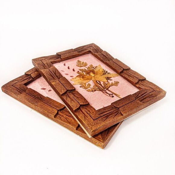 Vintage Handmade Set of Small Framed Pressed Flowers on Pink Velvet 7x4.75” - Picture 9 of 9